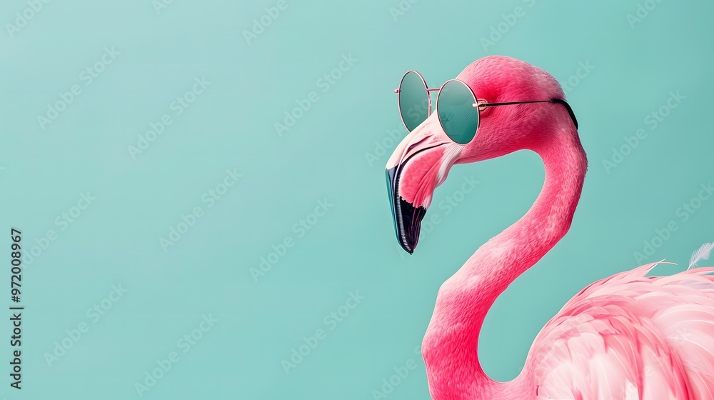 Fototapeta premium Flamingo bird sporting round sunglasses, isolated on a solid pastel mint background