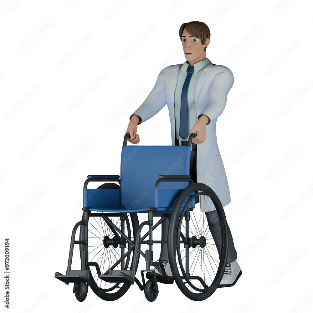 Animated Professional Doctor. A male doctor walks with both hands pushing a wheelchair. 3D Male Animated Professional Doctor. A male doctor walks with both hands pushing a wheelchair. 3D Male