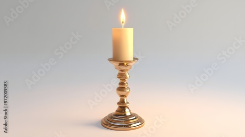 83. A detailed 3D render of a traditional brass candlestick with a lit candle, isolated on a pristine white background