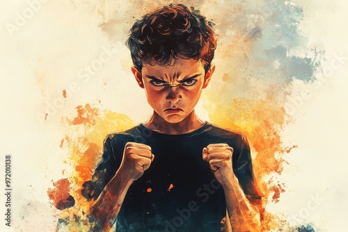 Watercolor Angry Boy with Messy Hair