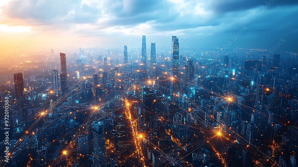 Fototapeta premium A bird’s-eye view of a global connectivity hub, with vibrant fiber optic lines linking high-tech skyscrapers, transportation hubs, and cities across the globe.