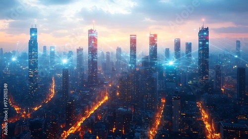 Wallpaper Mural A bird’s-eye view of a futuristic cityscape at twilight, where towering high-rises are connected by glowing communication lines symbolizing cloud networks. Torontodigital.ca