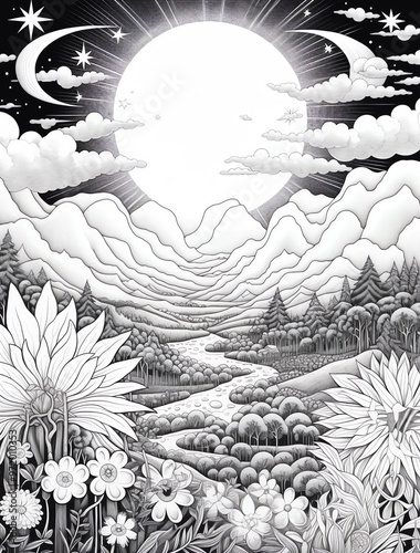  A whimsical black and white illustration of the Earth's surface, adorned with mountains, rivers, forests, flowers, clouds, stars, and suns. T