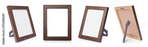 Desktop photo frame, Vertical standing brown wooden picture frame on white background,