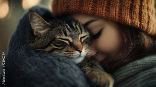 A cat snuggled close to its owner's face, wrapped in a cozy blanket. The owner is wearing a knitted hat and gently holding her fluffy pet