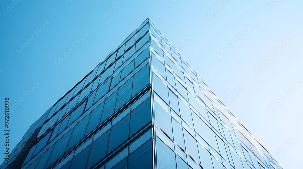 Modern Glass Facade of a Tall Building Against a Clear Sky Modern Glass Facade of a Tall Building Against a Clear Sky
