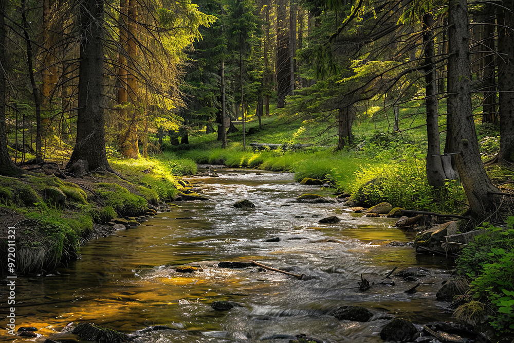Obraz premium stream in the forest, green landscape with rocks and trees on the shore.