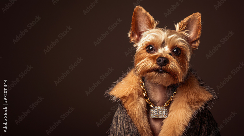 Yorkshire Terrier wearing a fur coat and a diamond necklace Yorkshire Terrier wearing a fur coat and a diamond necklace