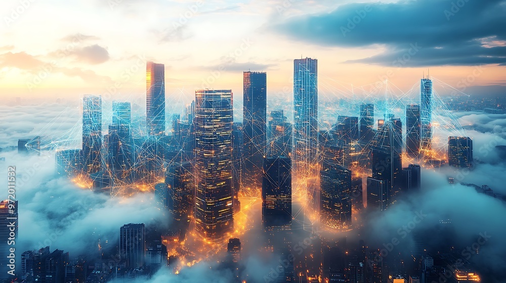 Obraz premium A digital city floating in a cloud of mist, glowing threads of light representing communication networks connecting every building. The futuristic metropolis hovers in the sky,