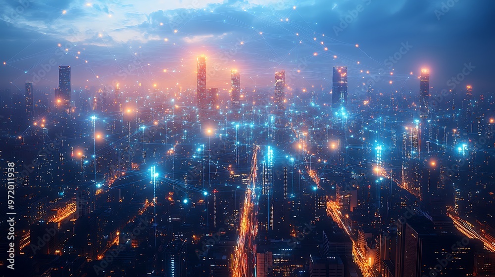 A drone’s-eye view of a futuristic city lit up by glowing data cables and wireless signals, connecting every building and transportation hub. A drone’s-eye view of a futuristic city lit up by glowing data cables and wireless signals, connecting every building and transportation hub.