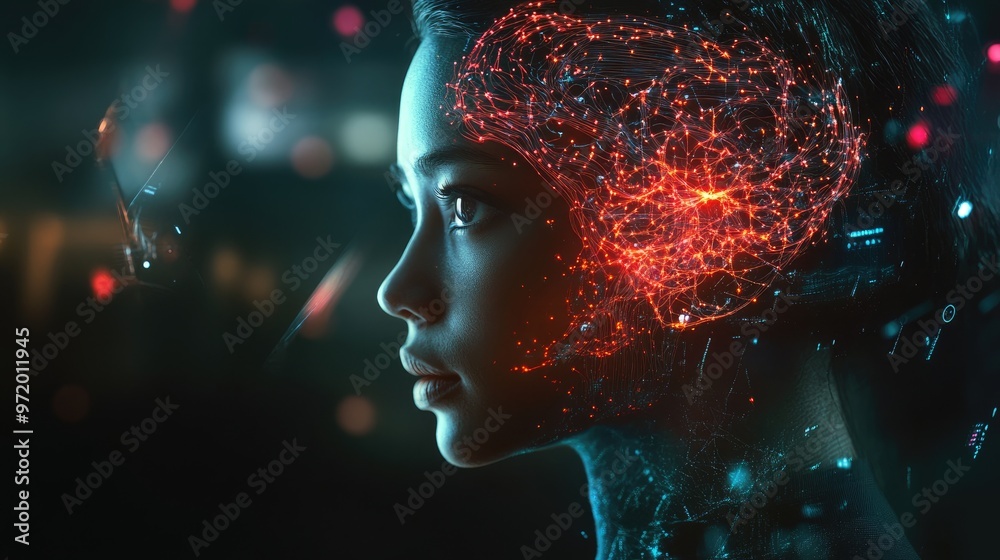 A woman with a glowing, digital brain on her head. She stares intensely at a point off screen, seemingly in deep thought. A woman with a glowing, digital brain on her head. She stares intensely at a point off screen, seemingly in deep thought.