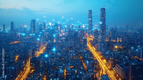 Wallpaper Mural A drone’s-eye view of a bustling smart city, with neon-lit communication networks linking every road, building, and transportation hub. The city is alive with digital energy, Torontodigital.ca