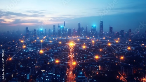 Wallpaper Mural A drone’s-eye view of a futuristic city lit up by glowing data cables and wireless signals, connecting every building and transportation hub. Torontodigital.ca