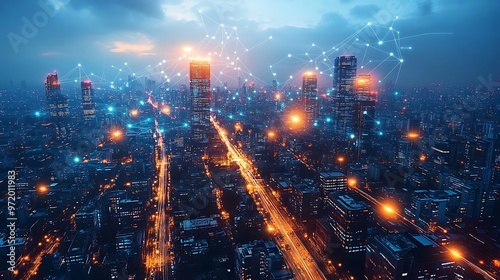 A drone’s-eye view of a smart city glowing with interconnected data cables and wireless signals. The vibrant network of communication links every building and road,