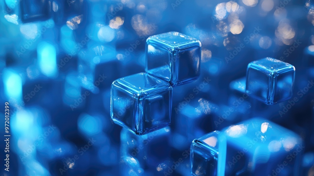 Abstract blue 3D cubes with bokeh lights in the background. Abstract blue 3D cubes with bokeh lights in the background.