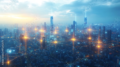 Wallpaper Mural A futuristic AI-powered city seen from above, with glowing data circuits connecting every structure and street. The city pulses with digital energy, forming a vibrant network of neon lights, Torontodigital.ca