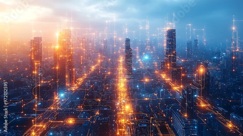 Wallpaper Mural A futuristic AI-powered city seen from above, with glowing data circuits connecting every structure and street. The city pulses with digital energy, forming a vibrant network of neon lights, Torontodigital.ca