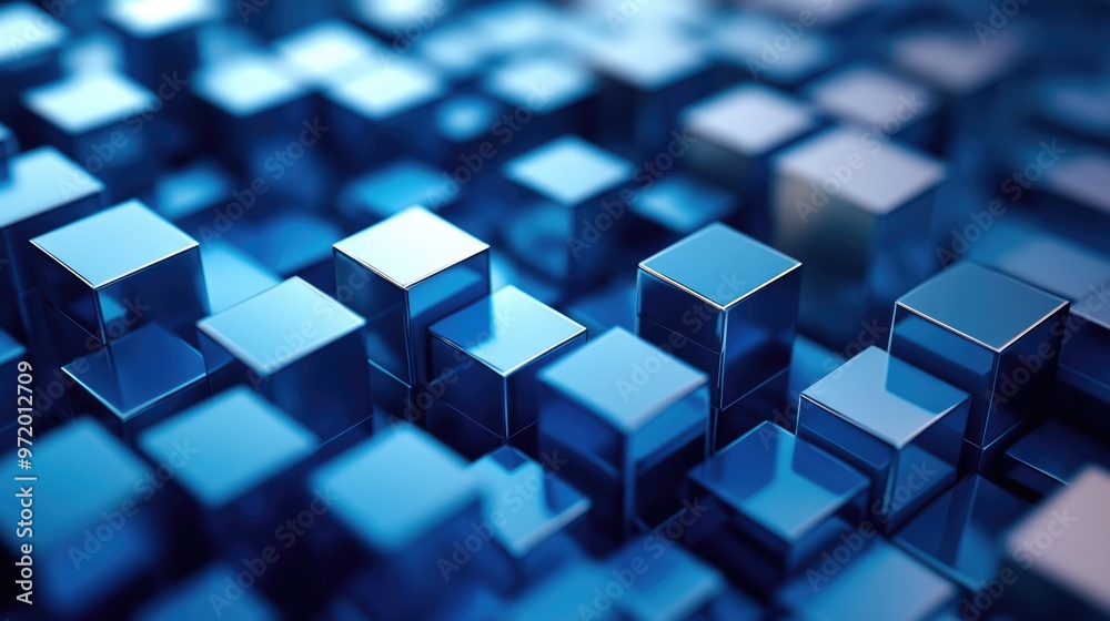 Abstract background of blue, metallic cubes in a random pattern. Abstract background of blue, metallic cubes in a random pattern.
