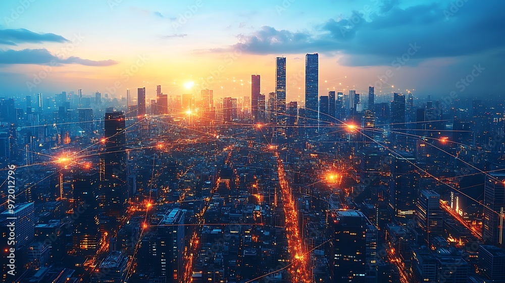 A futuristic city at twilight, illuminated by glowing communication lines that pulse with digital energy, connecting skyscrapers and transportation systems. A futuristic city at twilight, illuminated by glowing communication lines that pulse with digital energy, connecting skyscrapers and transportation systems.
