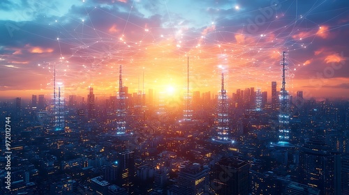 Wallpaper Mural A futuristic city at sunset, where vibrant data streams visibly connect wireless towers, satellites, and smart homes. The skyline glows with rich sunset colors of pink and orange, Torontodigital.ca