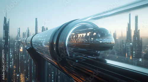 A hyperloop pod zooming through a transparent tube with passengers visible inside and a futuristic cityscape in the distance