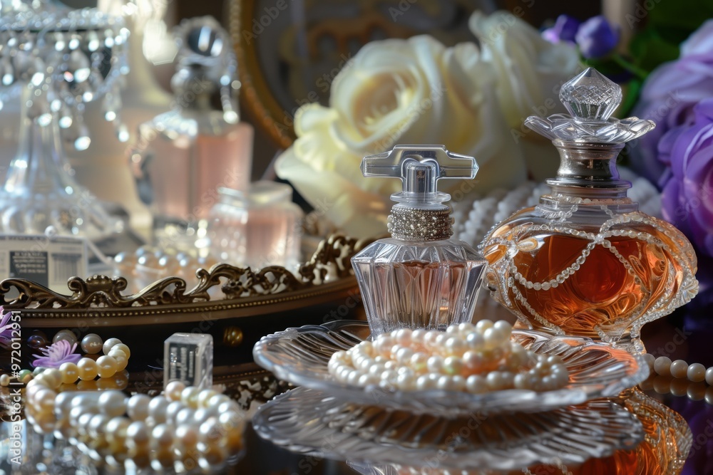 Fototapeta premium Dressing table with perfumes and pearl beads