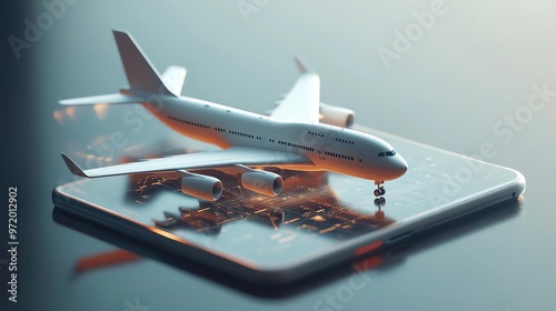 A miniature airplane sits on a smartphone, symbolizing the ease of booking travel online.