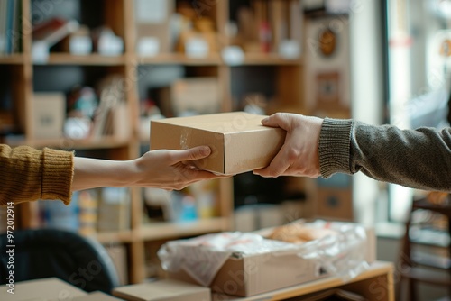 Close-up of hands delivering a package box and giving it to customer photo