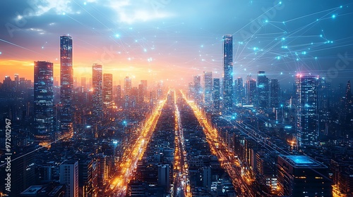 Wallpaper Mural A futuristic city filled with activity, with glowing communication lines connecting streets, skyscrapers, and transportation networks. Torontodigital.ca