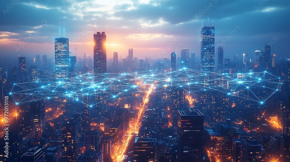 Fototapeta premium A futuristic city glowing with digital energy, where interconnected communication lines crisscross between towering skyscrapers, public spaces, and transportation routes.