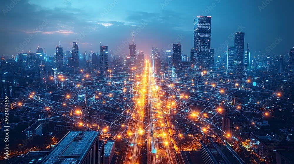 Fototapeta premium A futuristic city glowing with digital networks that power communication and transportation systems, seen from a drone’s perspective. The neon-lit web of connectivity stretches across skyscrapers,
