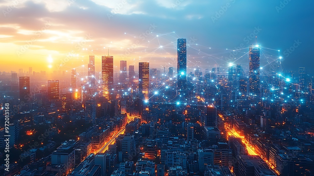 Fototapeta premium A futuristic city glowing with digital energy, where interconnected communication lines crisscross between towering skyscrapers, public spaces, and transportation routes.