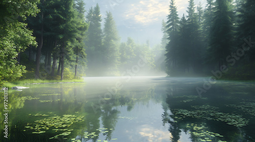 An outdoor meditation session by a crystal-clear lake surrounded by towering pine trees and soft fog rolling across the water