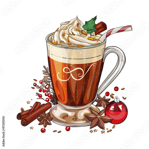 Festive Holiday Coffee with Cream and Cinnamon. Coffee cup with holiday decorations