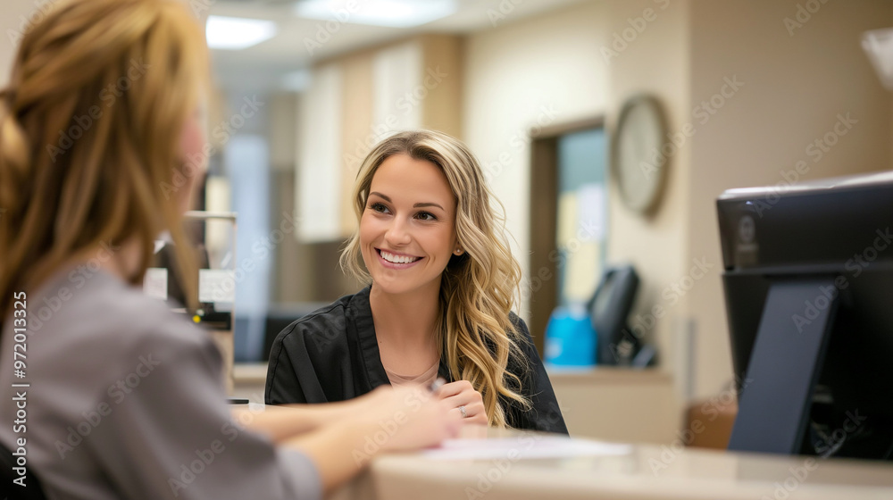 Reception desk area, emphasizing its cleanliness and professionalism, Smiling receptionist greeting patients Reception desk area, emphasizing its cleanliness and professionalism, Smiling receptionist greeting patients