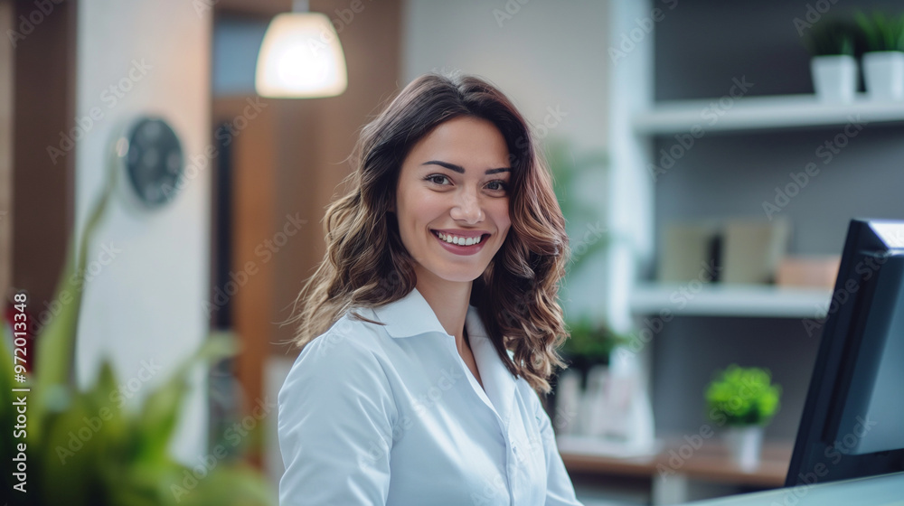 Reception desk area, emphasizing its cleanliness and professionalism, Smiling receptionist greeting patients Reception desk area, emphasizing its cleanliness and professionalism, Smiling receptionist greeting patients