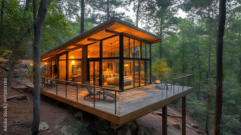 A cozy eco-friendly cabin with large windows offering panoramic views of a tranquil forest perfect for a quiet wellness getaway A cozy eco-friendly cabin with large windows offering panoramic views of a tranquil forest perfect for a quiet wellness getaway