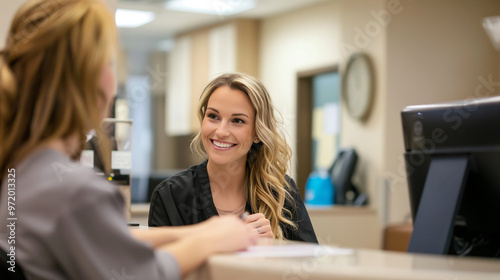 Reception desk area, emphasizing its cleanliness and professionalism, Smiling receptionist greeting patients