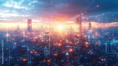 Wallpaper Mural A futuristic city glowing with neon data cables and wireless signals that connect buildings, transportation hubs, and digital infrastructure. The network pulses with digital energy, Torontodigital.ca