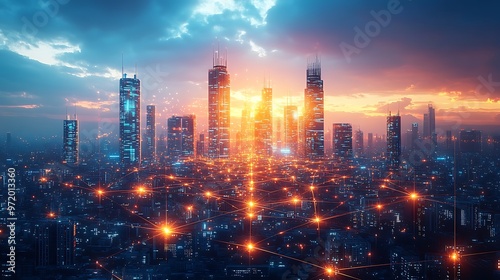 Wallpaper Mural A futuristic city glowing with neon data cables and wireless signals that connect buildings, transportation hubs, and digital infrastructure. The network pulses with digital energy, Torontodigital.ca