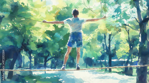 A young individual practicing balance on a tightrope in a lush, vibrant park, surrounded by greenery and sunlight. photo