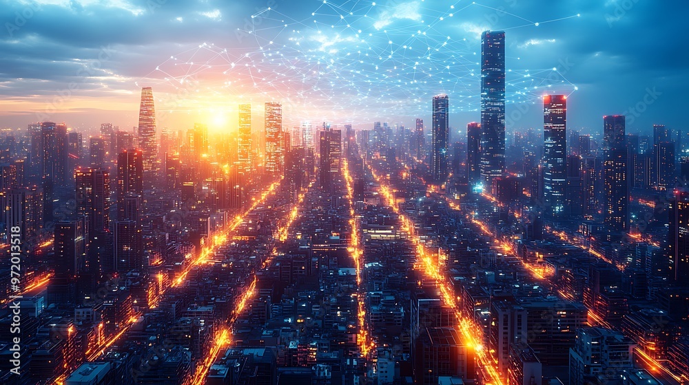 A futuristic city glowing with pulsing waves of light emitted from communication hubs, symbolizing the constant flow of data through the urban network. A futuristic city glowing with pulsing waves of light emitted from communication hubs, symbolizing the constant flow of data through the urban network.