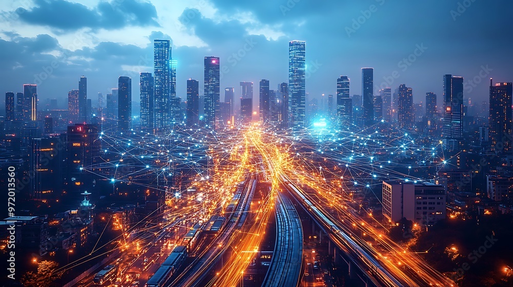 Fototapeta premium A futuristic city illuminated by glowing communication networks connecting elevated highways, smart trains, and sleek glass skyscrapers.