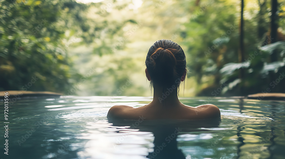 A woman enjoying a peaceful detox bath in a rustic natural hot spring set deep within a remote forest A woman enjoying a peaceful detox bath in a rustic natural hot spring set deep within a remote forest