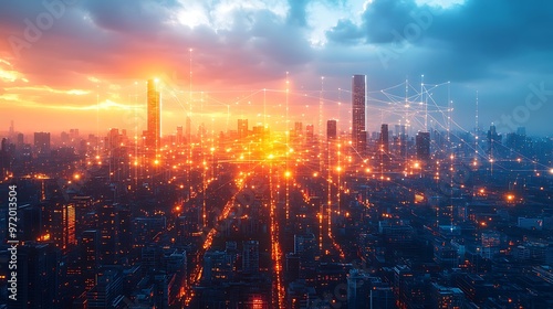 Wallpaper Mural A futuristic city glowing with neon data lines connecting mobile devices, homes, and skyscrapers. The skyline pulses with digital energy, Torontodigital.ca