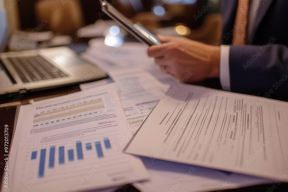 Fototapeta premium Close-up of advisors flipping through ESG research papers and printed market analysis, market analysis, ESG-focused meeting