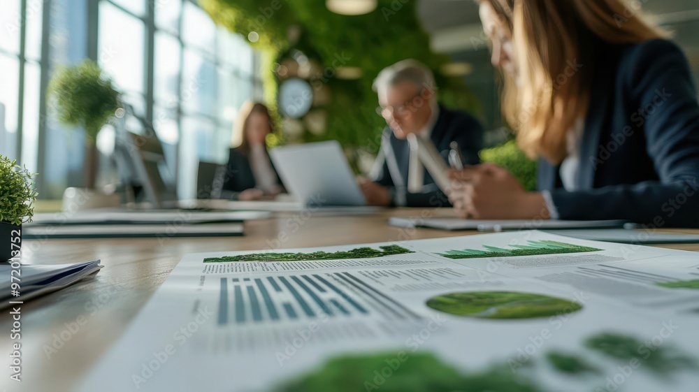 Financial advisors analyzing printed environmental impact statements in a conference room, environmental impact, investment strategy Financial advisors analyzing printed environmental impact statements in a conference room, environmental impact, investment strategy
