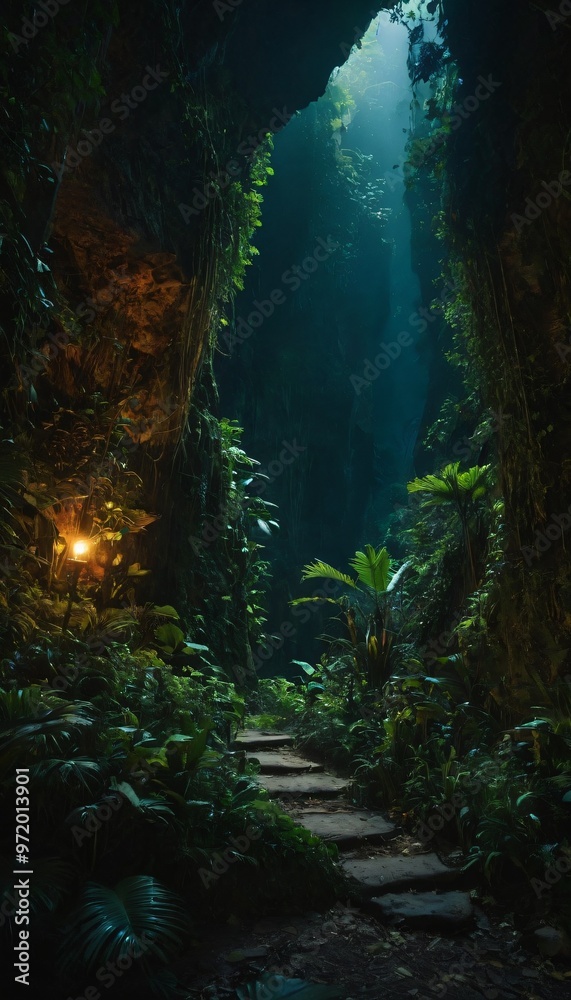 Inside a deep mystical jungle canyon at night, can be used as background, wallpaper. Ai generated image Inside a deep mystical jungle canyon at night, can be used as background, wallpaper. Ai generated image