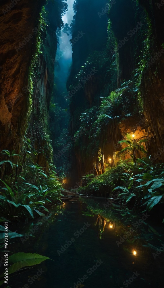 Inside a deep mystical jungle canyon at night, can be used as background, wallpaper. Ai generated image Inside a deep mystical jungle canyon at night, can be used as background, wallpaper. Ai generated image