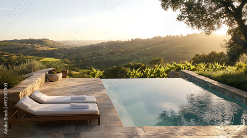 An intimate wellness retreat featuring a private infinity pool overlooking rolling hills and lush vineyards